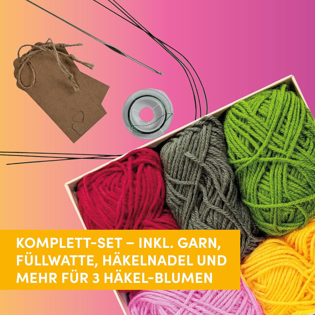 Grüsse aus dem Blumengarten. Zum Selber-Häkeln: Anleitung, Acrylgarn, Häkelnadel, Blumendraht, Stiel