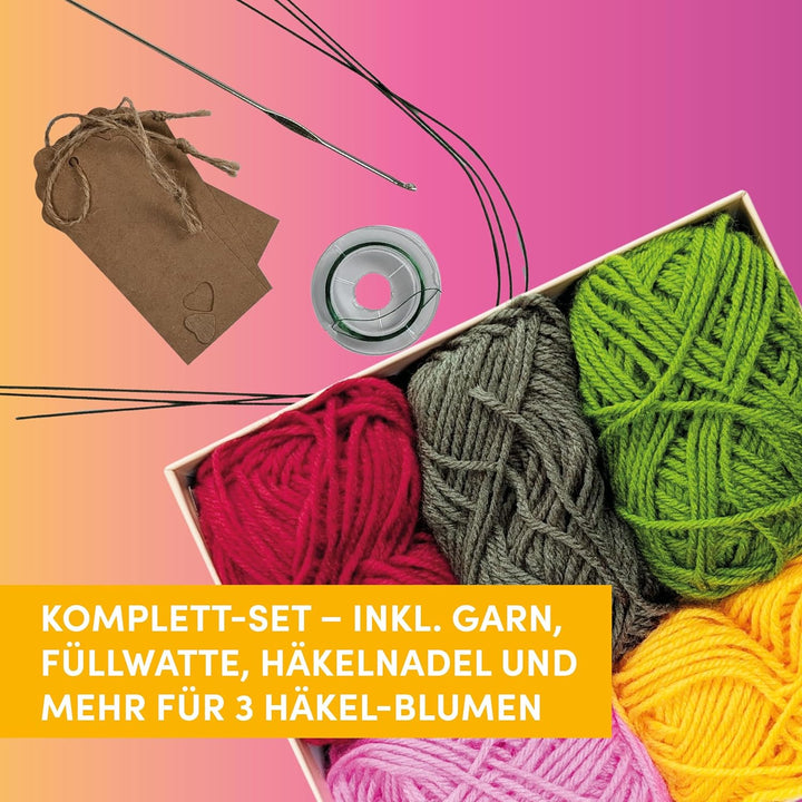 Grüsse aus dem Blumengarten. Zum Selber-Häkeln: Anleitung, Acrylgarn, Häkelnadel, Blumendraht, Stiel