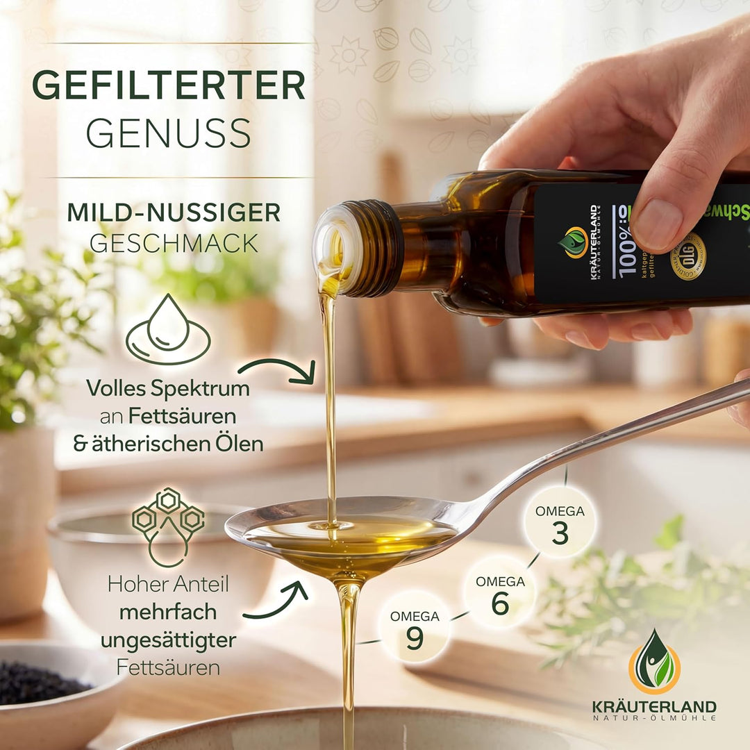 Kräuterland Schwarzkümmelöl 500ml, gefiltert, 100% Nigella Sativa, ohne Zusatz von Aromen-, Farb- &