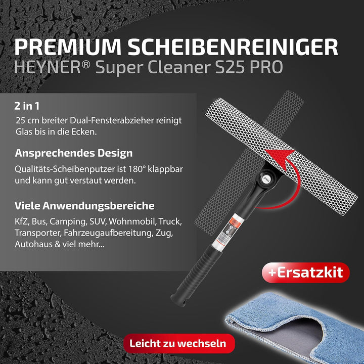 Heyner® Scheibenreiniger faltbar 25cm mit klappbarem Kopf und ergonomischem Griff – inkl. Mikrofaser
