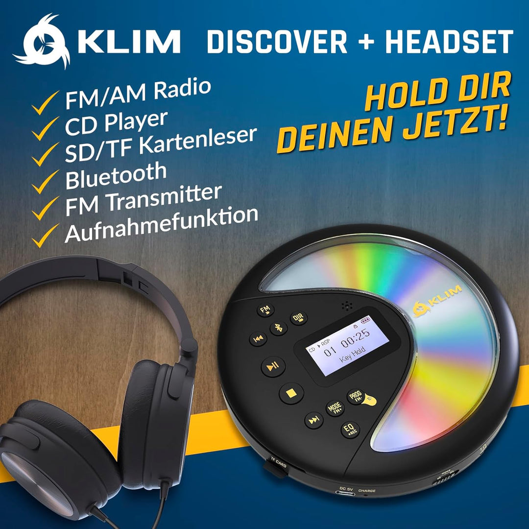 KLIM Discover Mit Kopfhörern - Tragbarer CD-Player mit langlebigem Akku - Kompatibler MP3-CD-Player