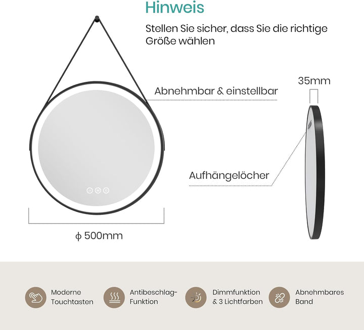 EMKE Badspiegel mit Beleuchtung Rund 50cm, Badezimmerspiegel mit 3 dimmbaren Lichtfarben, Antibeschl