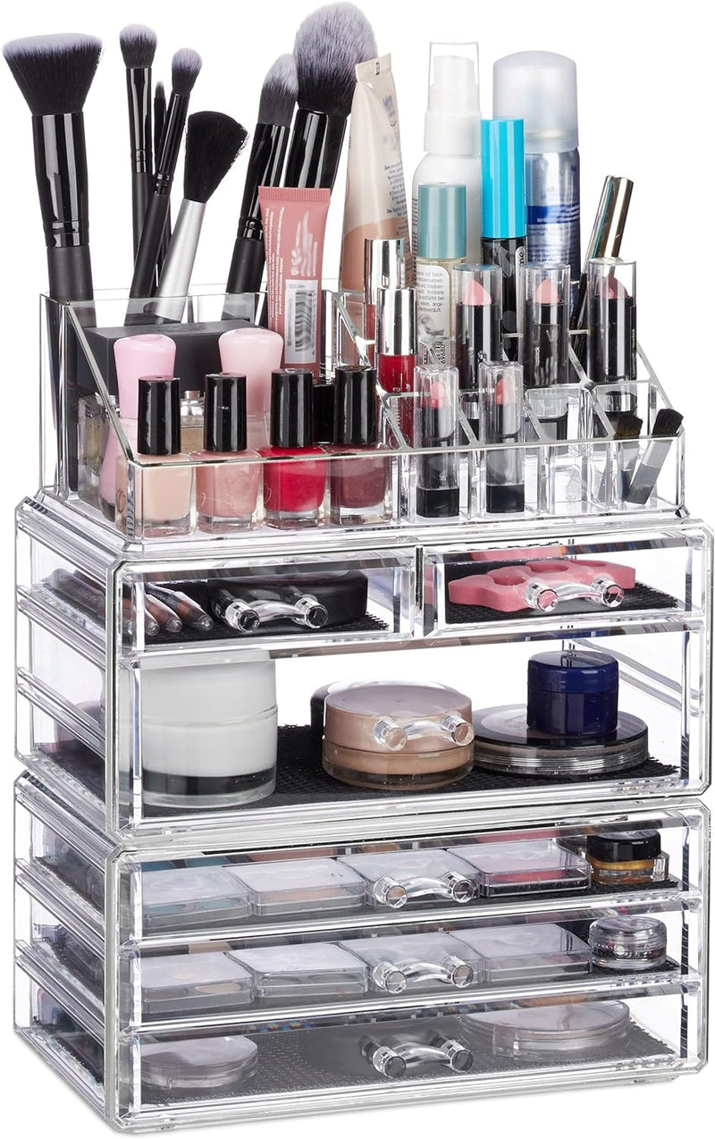 Relaxdays, transparent Kosmetikorganizer mit 6 Schubladen, 22 Fächer Make Up Organizer, Schmink-Aufb