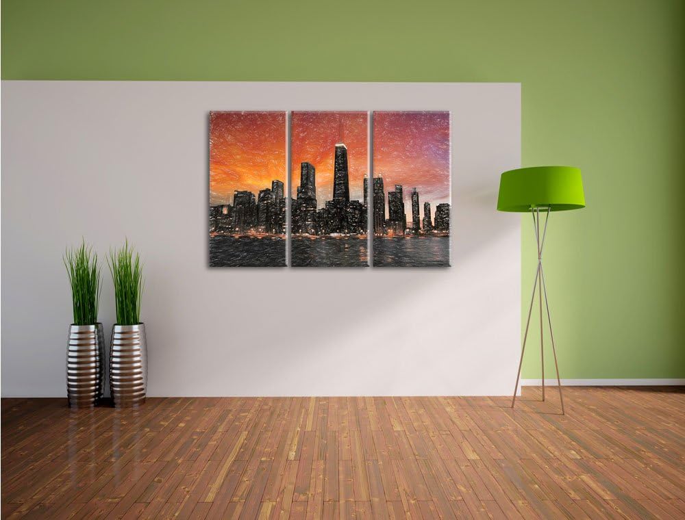 Pixxprint Chicago-Wolkenkratzer-Silhouette als Leinwandbild/Grösse: 3 Teilig (120x80) cm/Wandbild/Ku