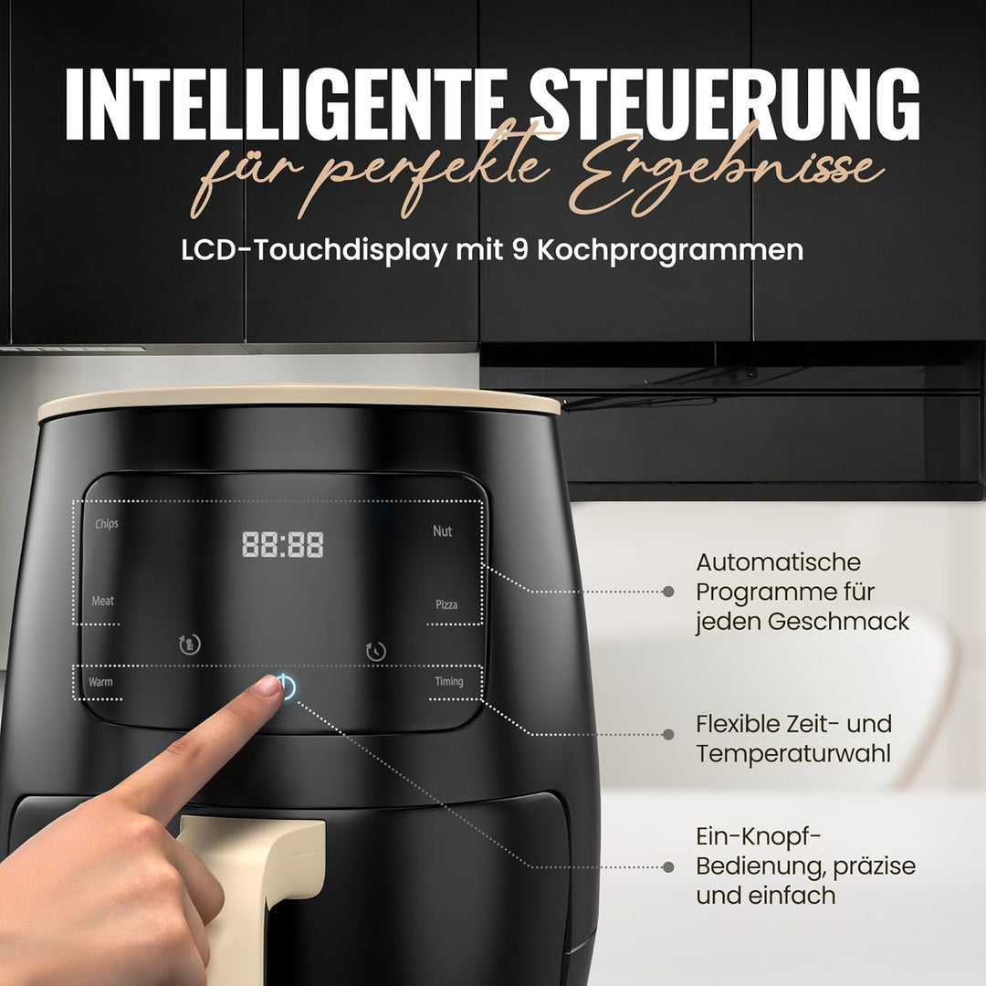 Heissluftfritteuse - 6 L kompakte Heissluftfritteuse für schnelle Mahlzeiten, Touch Controls, Airfry