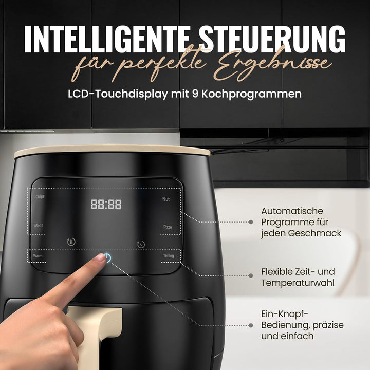 Heissluftfritteuse - 6 L kompakte Heissluftfritteuse für schnelle Mahlzeiten, Touch Controls, Airfry