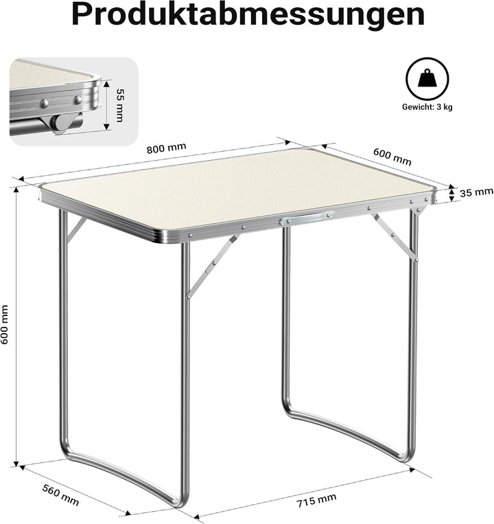 Wiltec Campingtisch klappbar 80x60cm mit weisser Tischplatte aus MDF und Aluminium Rahmen Klapptisch