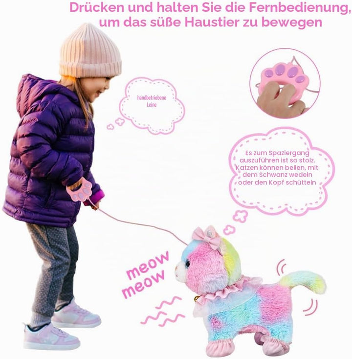 Spielzeug Katze für Kinder, Interaktive Plschkatze mit Gehen, Bellen, Schwanzwedeln, Katze Spielzeug
