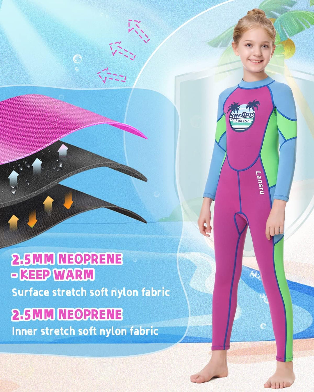 LANSRU Neoprenanzug Kinder Lang 2.5MM Neoprenanzug für Mädchen(25-30kg) Neopren Kinder Warmhalten UP