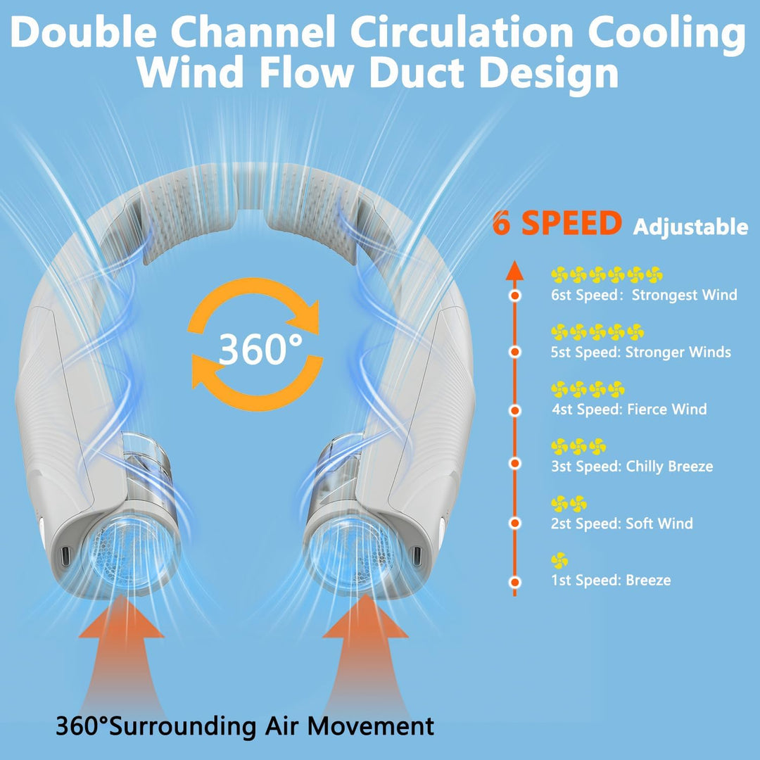 Nackenventilator, 6 Geschwindigkeiten Tragbarer Hals Ventilator, 6000 mAh (6-20 Std. ) Ventilator US