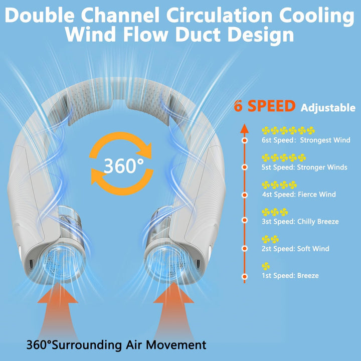 Nackenventilator, 6 Geschwindigkeiten Tragbarer Hals Ventilator, 6000 mAh (6-20 Std. ) Ventilator US
