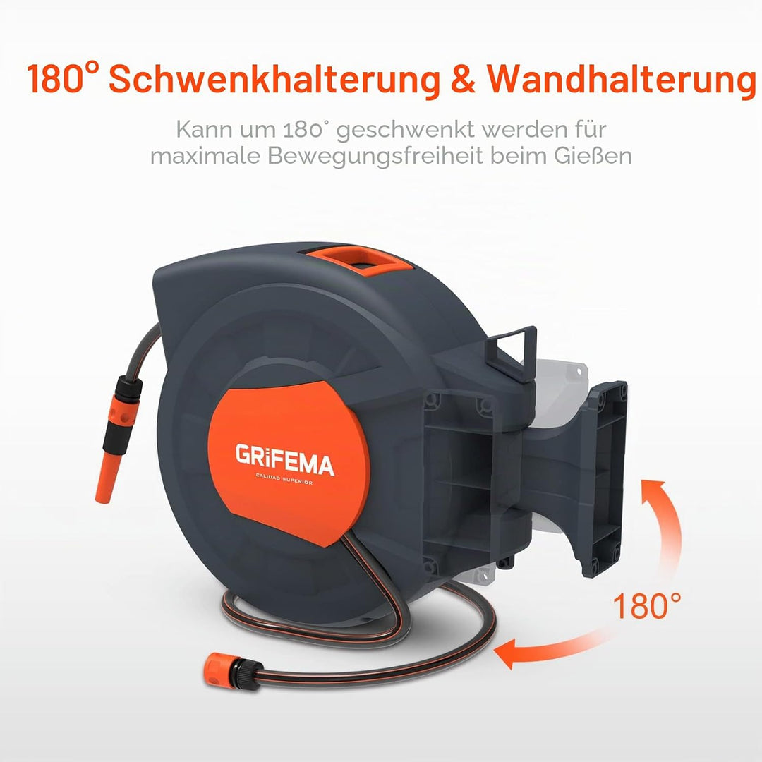 GRIFEMA G301-15, Schlauchtrommel zur Wandmontage, Schlauchbox mit 15m Schlauch, Wandschlauch-Aufroll