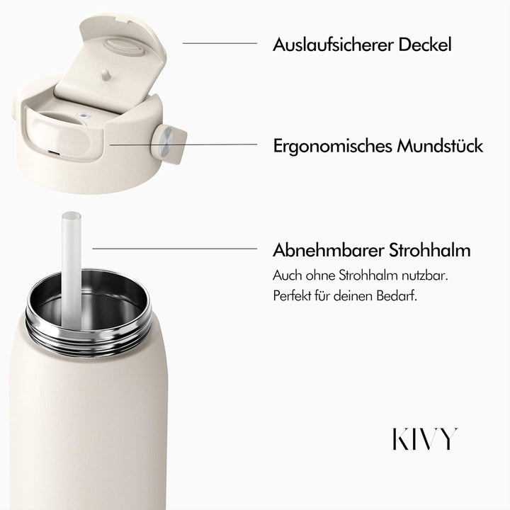 KIVY Edelstahl Trinkflasche mit Strohhalm 1l - 24h Kalt | 12h Heiss - Ausflaufsicher &amp; Spülmaschinen