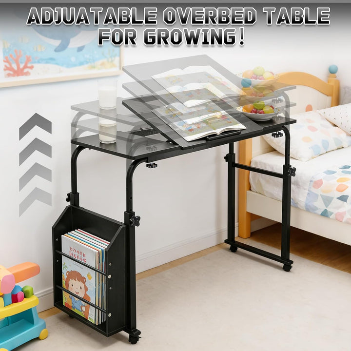 Überbetttisch mit Rollen, Pflegetisch Höhenverstellbar 60-90 cm, Breitenverstellbar 80-120 cm, mit n