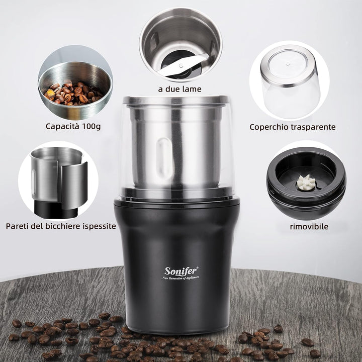 Elektrische Gewürzmühle Kaffeemühle 100g Kapazität 300W Leistung Abnehmbarer Edelstahlbehälter zum M