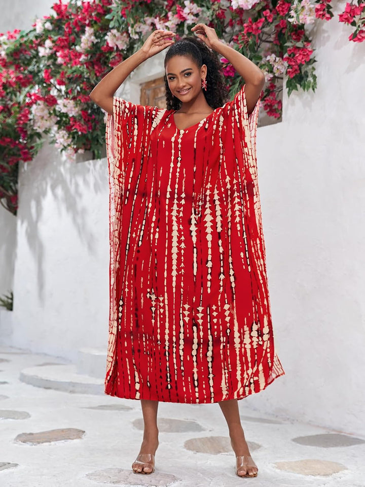 Bsubseach Damen Print Beach Kaftan Kleid Kurzarm Plus Size Strandponcho C- Rot, C- Rot