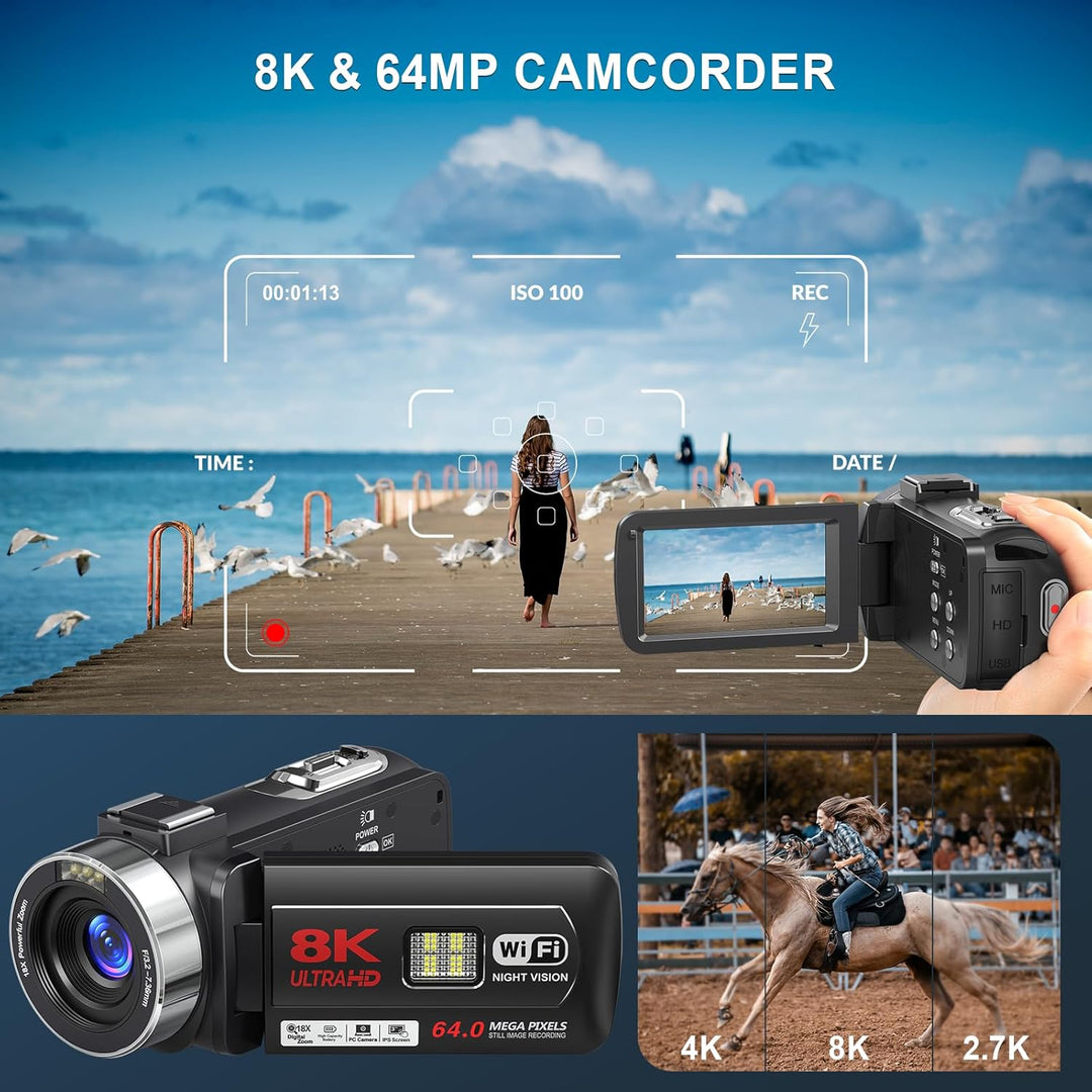 Videokamera 8K 64MP Camcorder 18X Digitalzoom IR Nachtsicht Vlogging Kamera, 3,0 Zoll UHD Touchscree