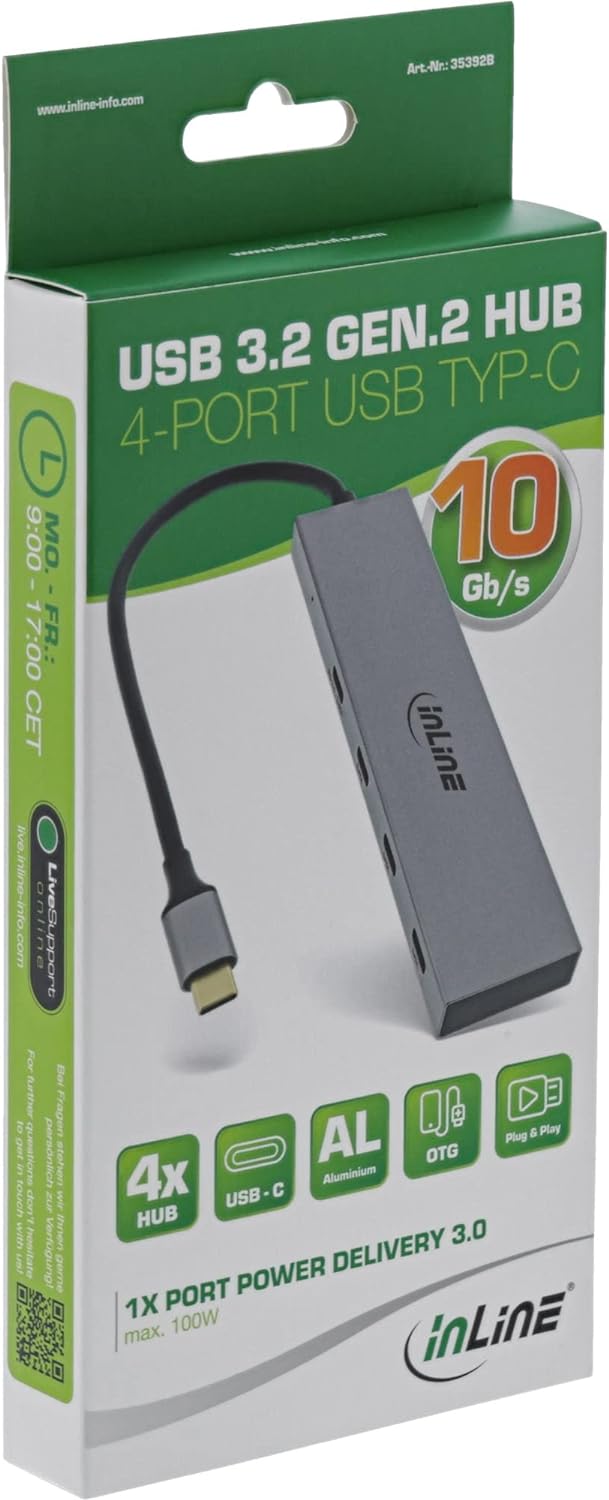 InLine® USB 3.2 Gen.2 Hub (10Gb/s), USB Typ-C zu 4 Port Typ-C (1 Port Power Through bis 100W), OTG,