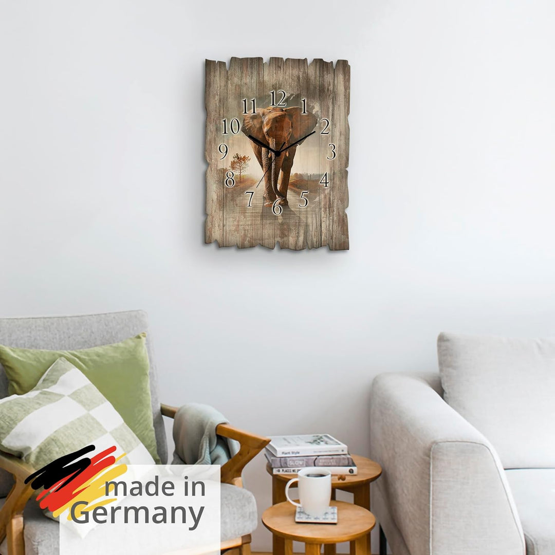 ARTLAND Wanduhr ohne Tickgeräusche aus Holz Funk Uhr 30x40 cm Rechteckig Lautlos Afrika Elefant Tier