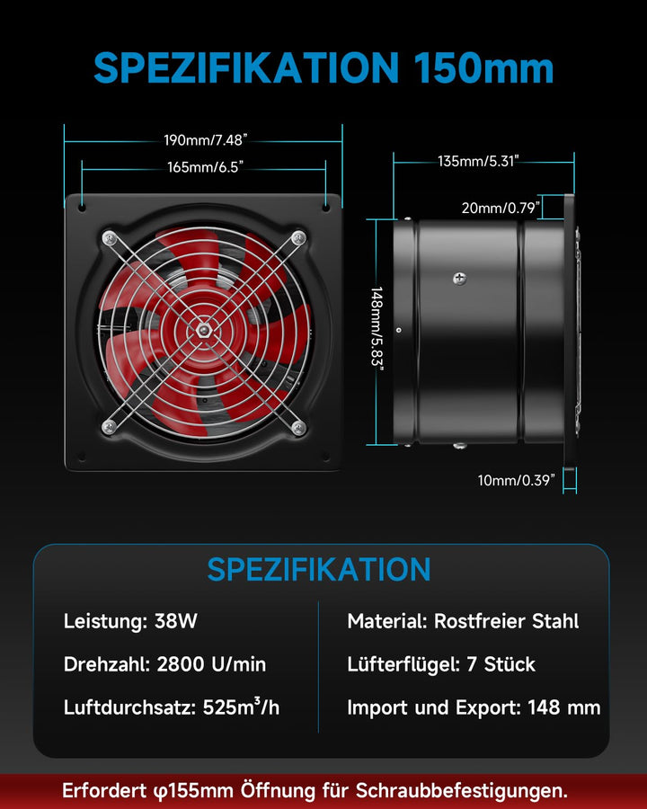 Hon&Guan Abluftventilator 150mm mit Schalter, 525m³/h Industrie Rauchabzug Wandventilator Abluft mit