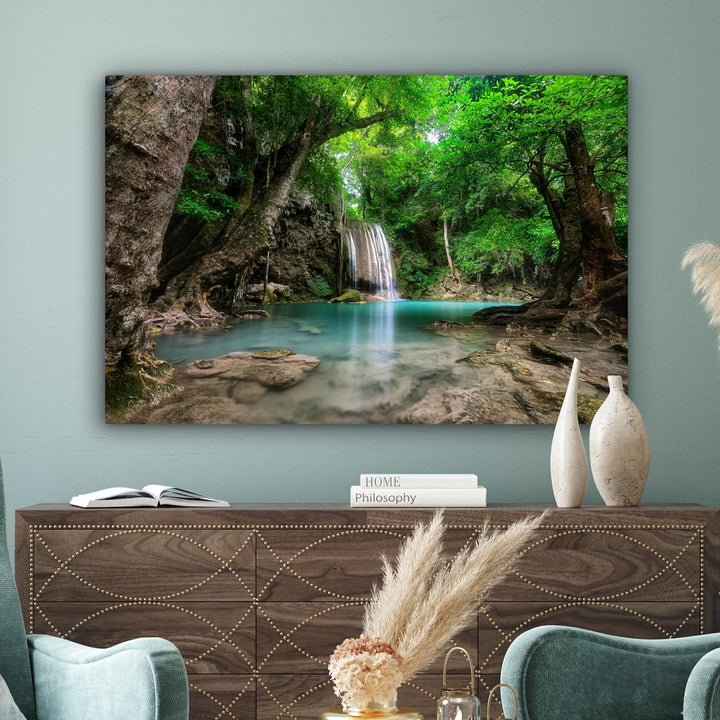 MuchoWow Leinwand Bilder, Einzigartige Wanddeko mit Rahmen, Dschungel - Wasserfall - Pflanzen - Wass