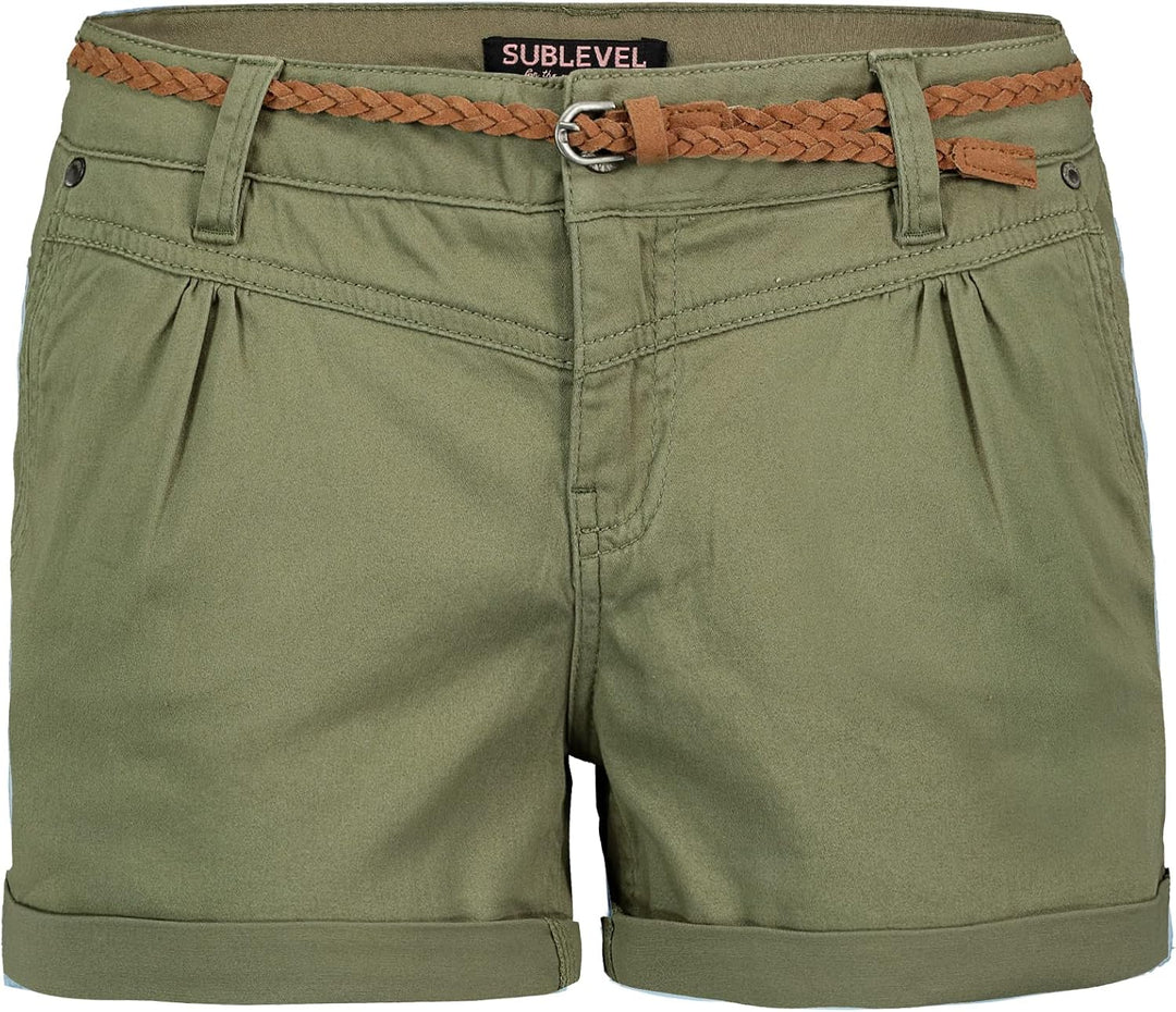 Sublevel Damen Kurze Hose Stretch-Shorts mit Flecht-Gürtel L Middle-green, L Middle-green
