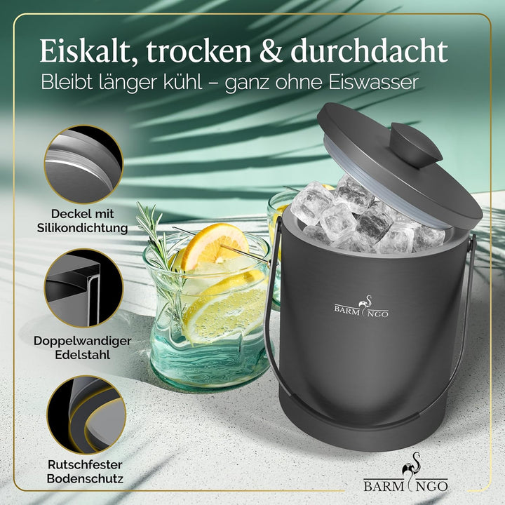 BARMINGO Edelstahl Eiswürfelbehälter mit Deckel - 2l Eisbehälter mit Sieb, Eiswürfelform, Zange | Ei