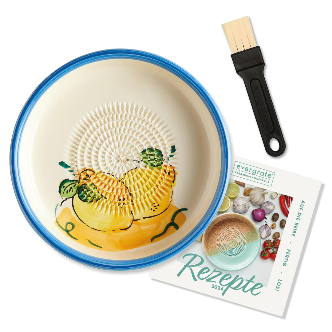evergrate Keramikreibe Dipschale im Motiv Melissa mit Küchenpinsel und Rezeptheft, Melissa