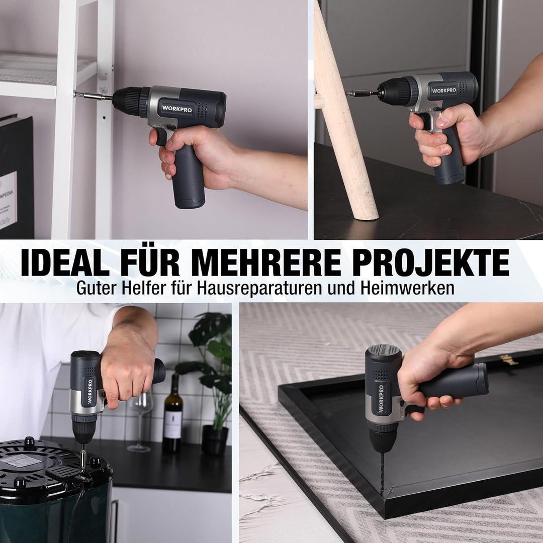 WORKPRO 8V Akku Bohrschrauber Set, Akkuschrauber, 2000 mAh Akku Bohrmaschine, 12 Nm Drehmoment, 10mm