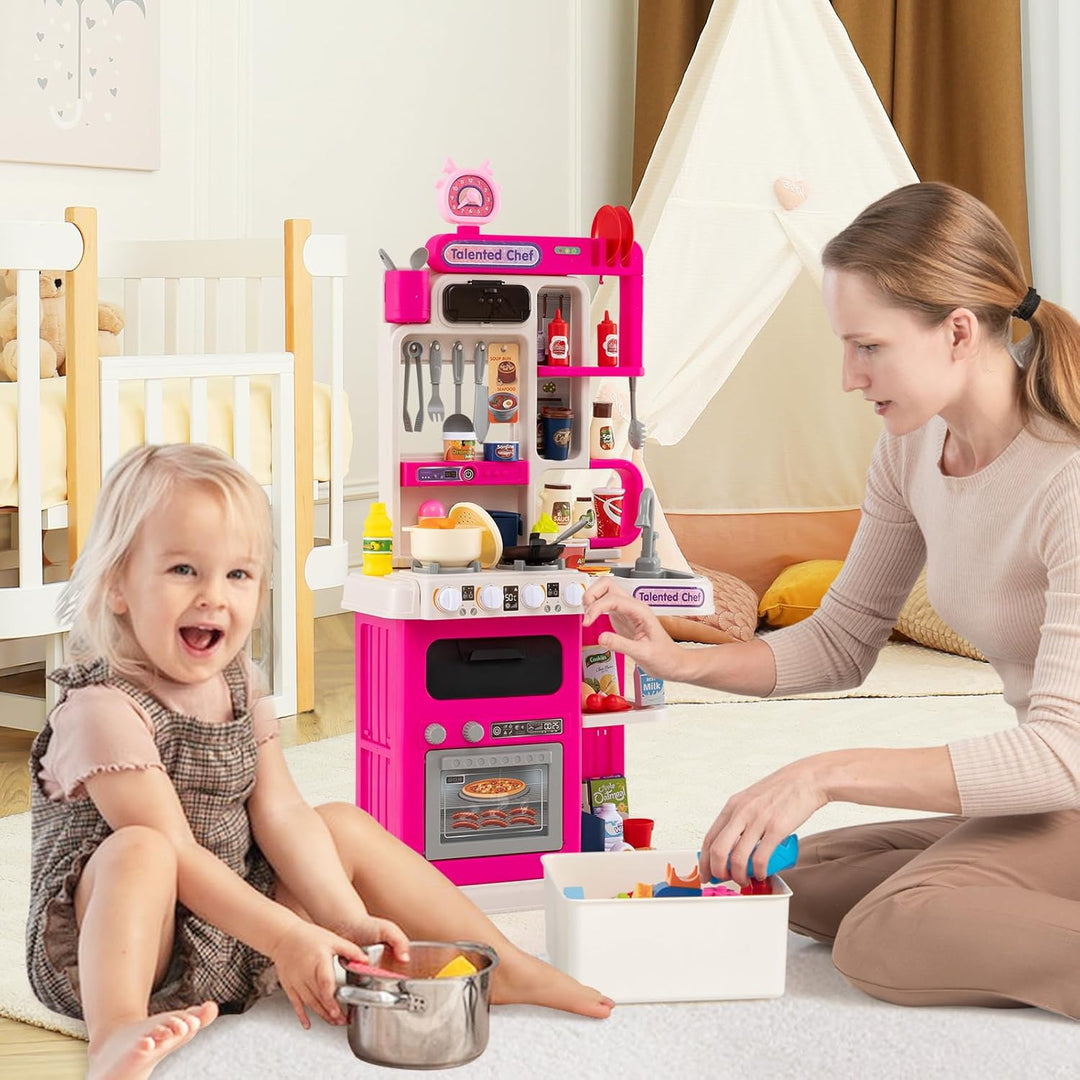 COSTWAY Kinderküche mit 95 Zubehör, Spielküche mit Licht, Sound & Dampf, Kinder Küche mit Kochherd,