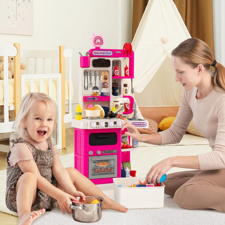 COSTWAY Kinderküche mit 95 Zubehör, Spielküche mit Licht, Sound & Dampf, Kinder Küche mit Kochherd,