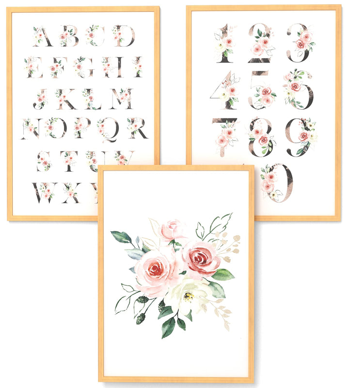 Papierschmiede® Kinderbilder 3er Set Lernposter, A3 gerahmt in Holzrahmen (Natur), Geschenk für Mädc