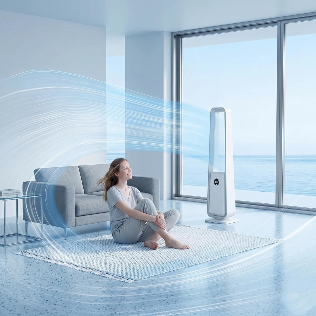Rotorloser Turmventilator sehr leise mit Fernbedienung : 24 Geschwindigkeiten, 3 Modi, 75° Oszillati