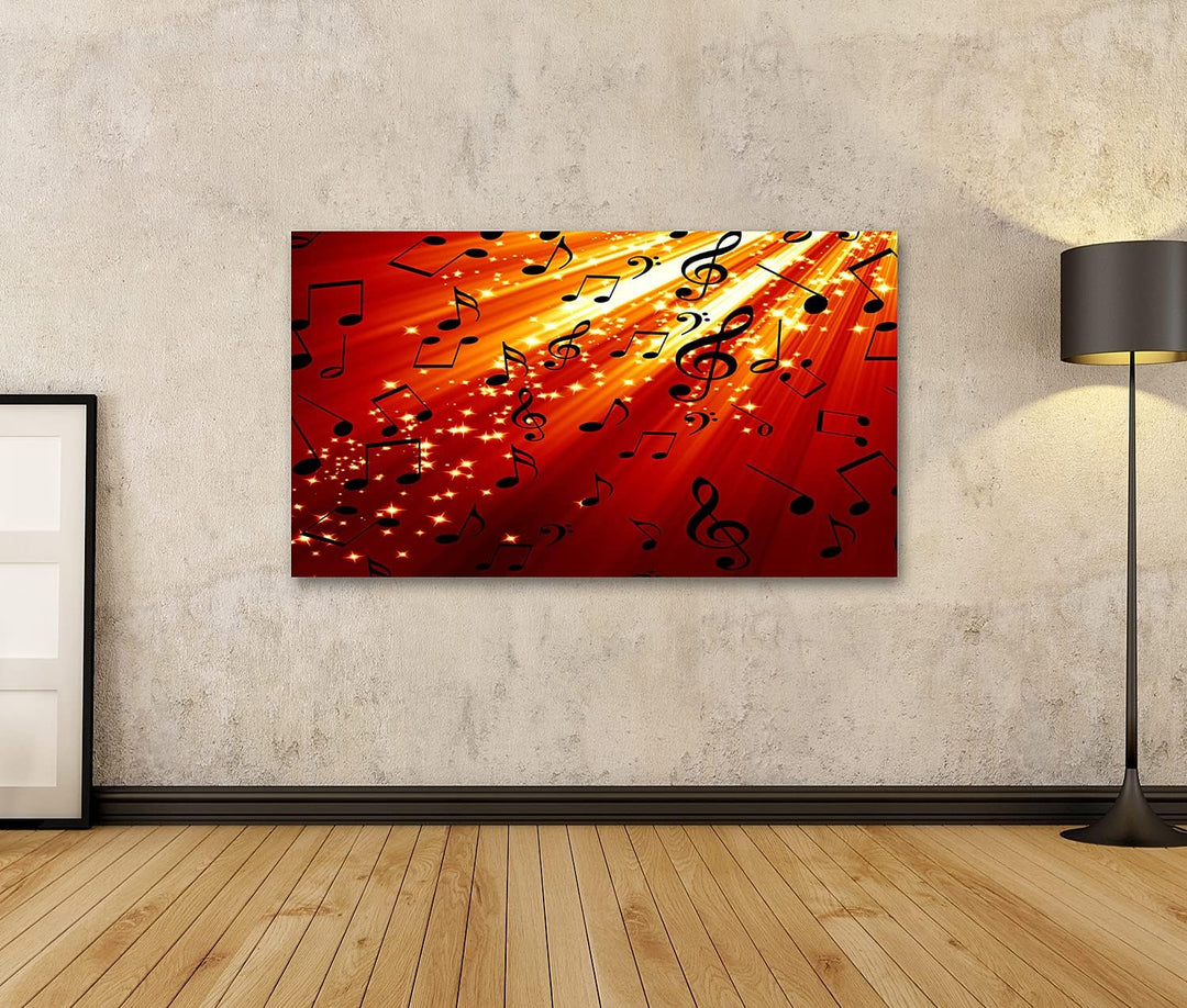 islandburner Bild auf Leinwand Musiknoten Auf Rotem Hintergrund Mit Hellen Strahlen Bilder Wandbilde