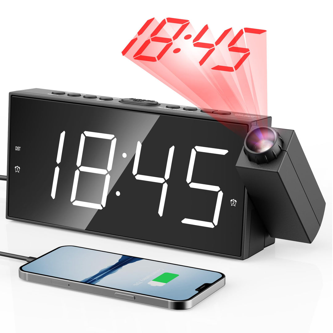 Projektionswecker für Schlafzimmer, Digitalwecker mit grosser 7" LED-Anzeige, Dimmer, 180° Projektor