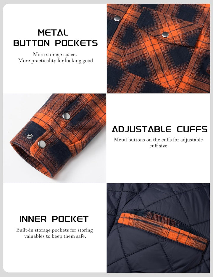 TACVASEN Herren Karierte Hemdjacke Flanellhemd Holzfällerhemd Thermohemd Jacke S Orange, S Orange