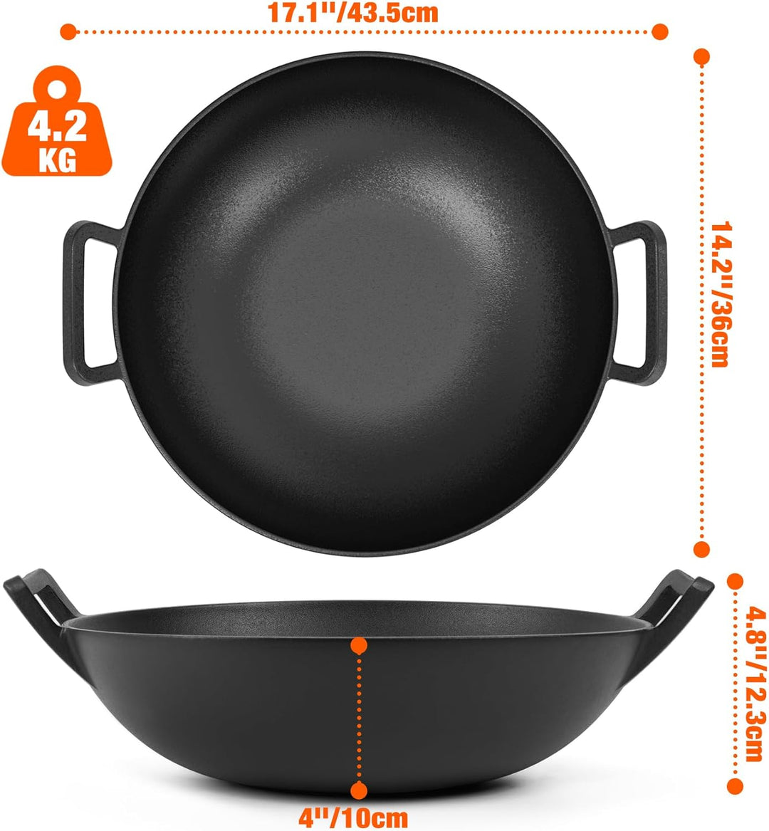 only fire Wok Gusseisen, Ø36cm Wokpfanne mit Griff, Gusseisenpfanne für Weber Gourmet BBQ System, Pa
