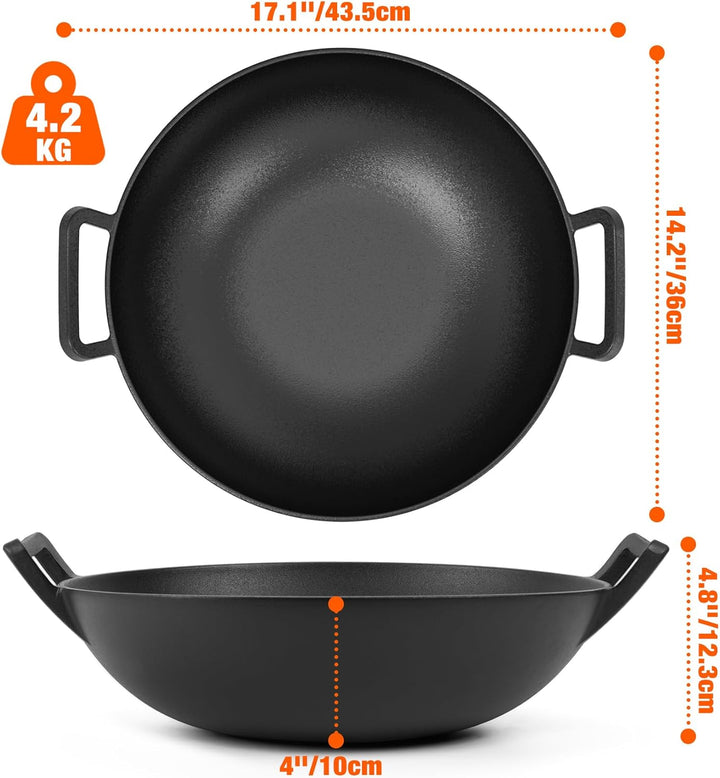 only fire Wok Gusseisen, Ø36cm Wokpfanne mit Griff, Gusseisenpfanne für Weber Gourmet BBQ System, Pa