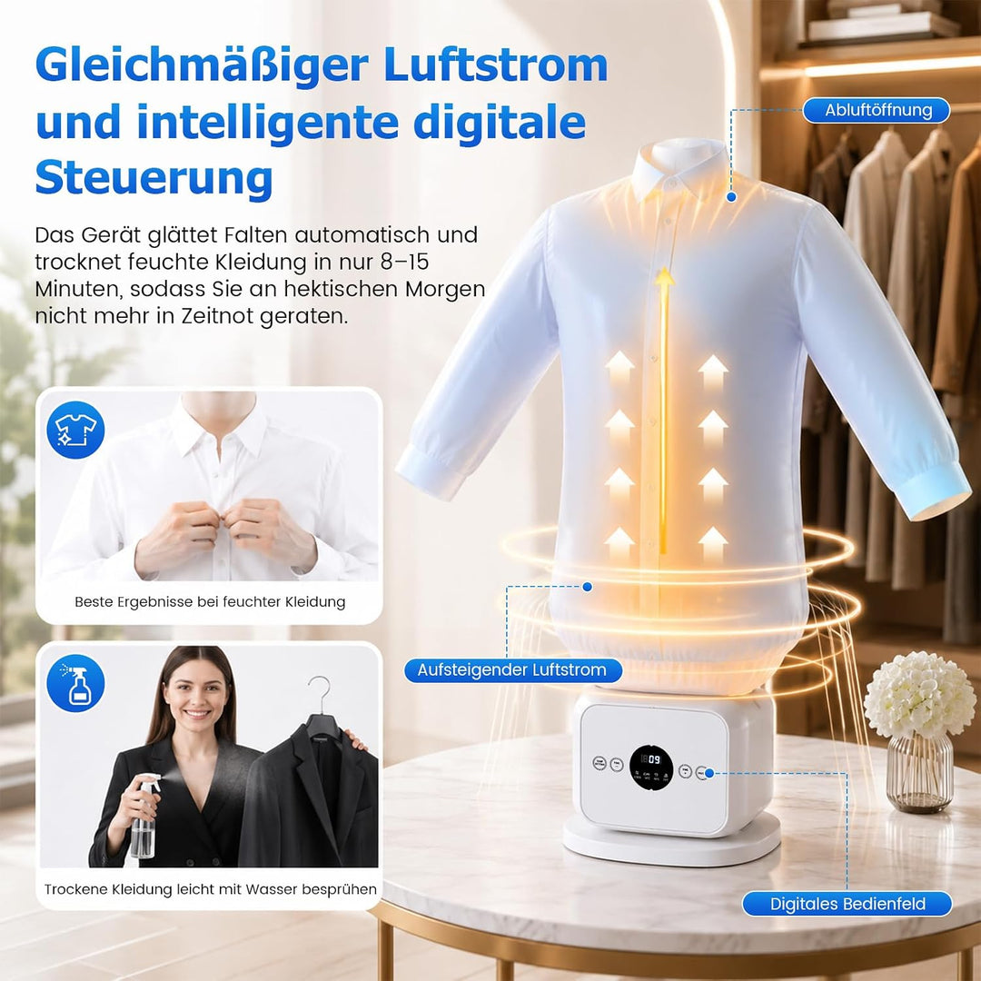 Automatischer Hemdenbügler, Bügelpuppe mit Heissluft &amp; 360°-Trocknung, Zeitfunktion, Tragbarer Bügel