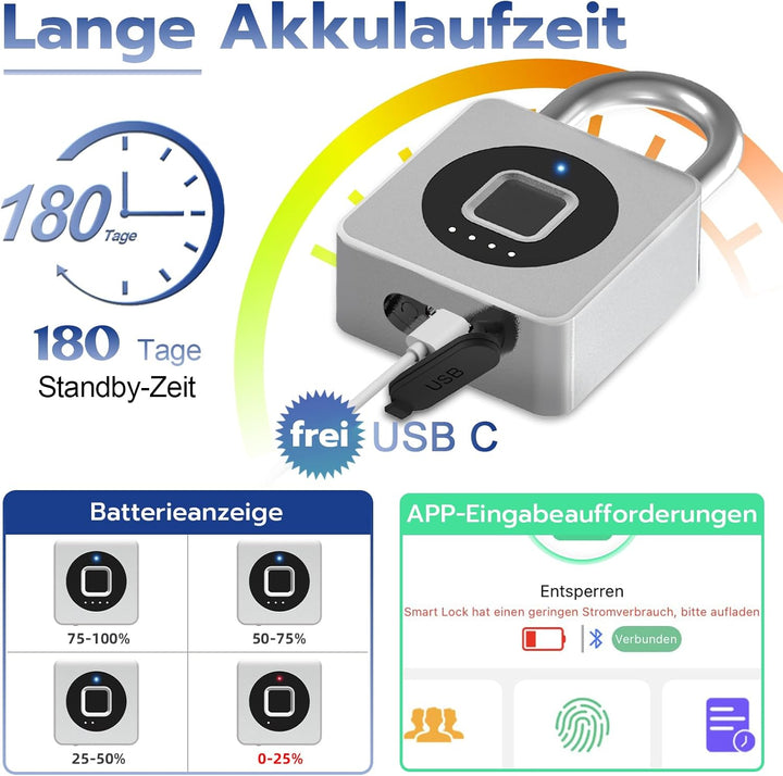 Eseesmart Fingerabdruck Schloss - Vorhängeschloss Fingerabdruck mit Kabel, Smart Lock with Bluetooth