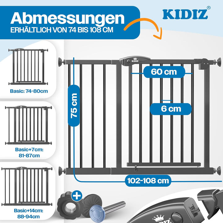 KIDIZ Treppenschutzgitter ohne Bohren | Verstellbare Breite: 102-108 cm, 75cm hoch, Türschutzgitter