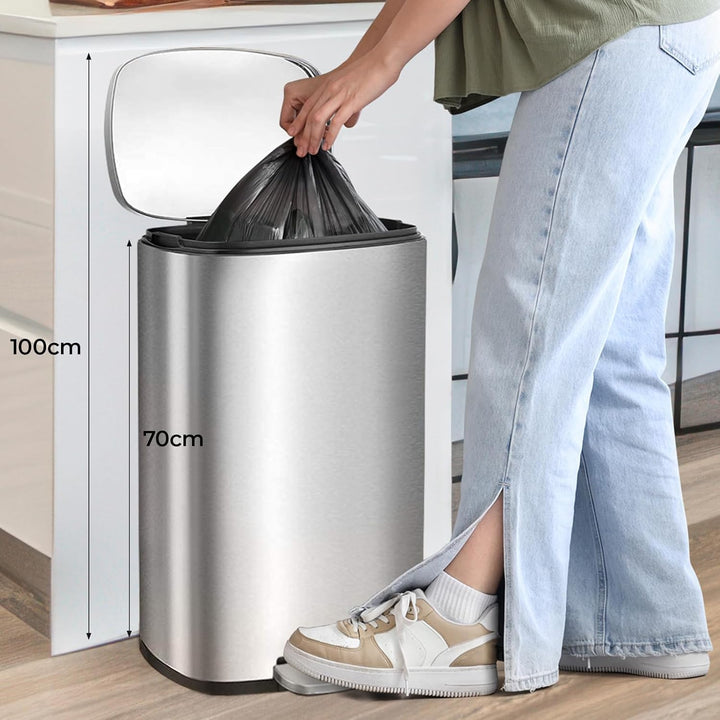 LIFERUN Mülleimer 50l aus Edelstahl, Abfalleimer mit Deckel, Soft-Close Tretmülleimer, Grosser Trete