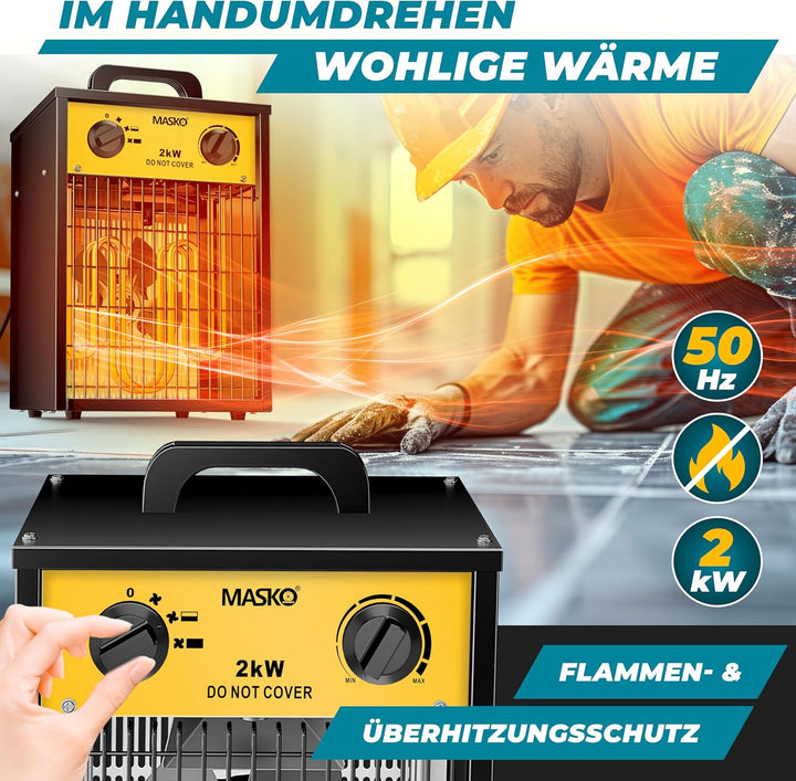 Masko® Elektroheizer Heizlüfter Bauheizer 2 KW mit integriertem Thermostat elektrisch Heizgerät 2000