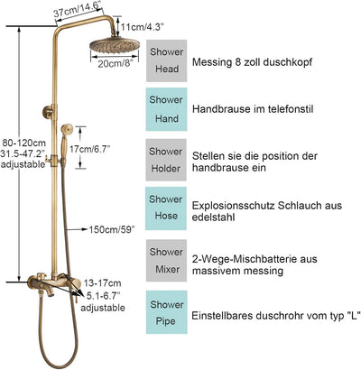 Rozin Regendusche Duschsystem Retro Duschset mit Handbrause Badewanne Auslauf Antik Messing Duschsys