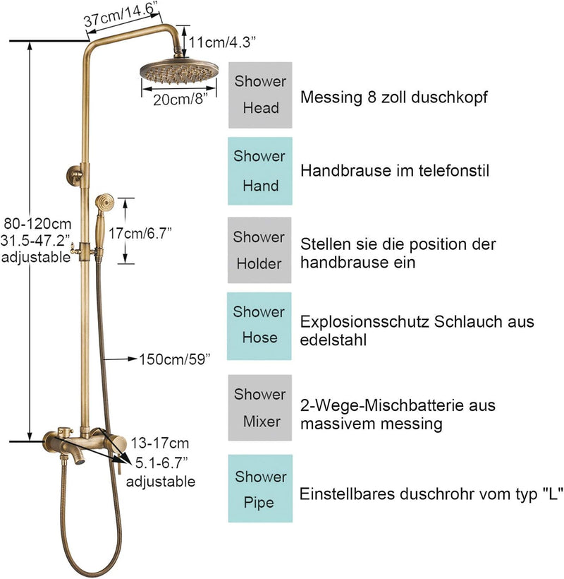Rozin Regendusche Duschsystem Retro Duschset mit Handbrause Badewanne Auslauf Antik Messing Duschsys