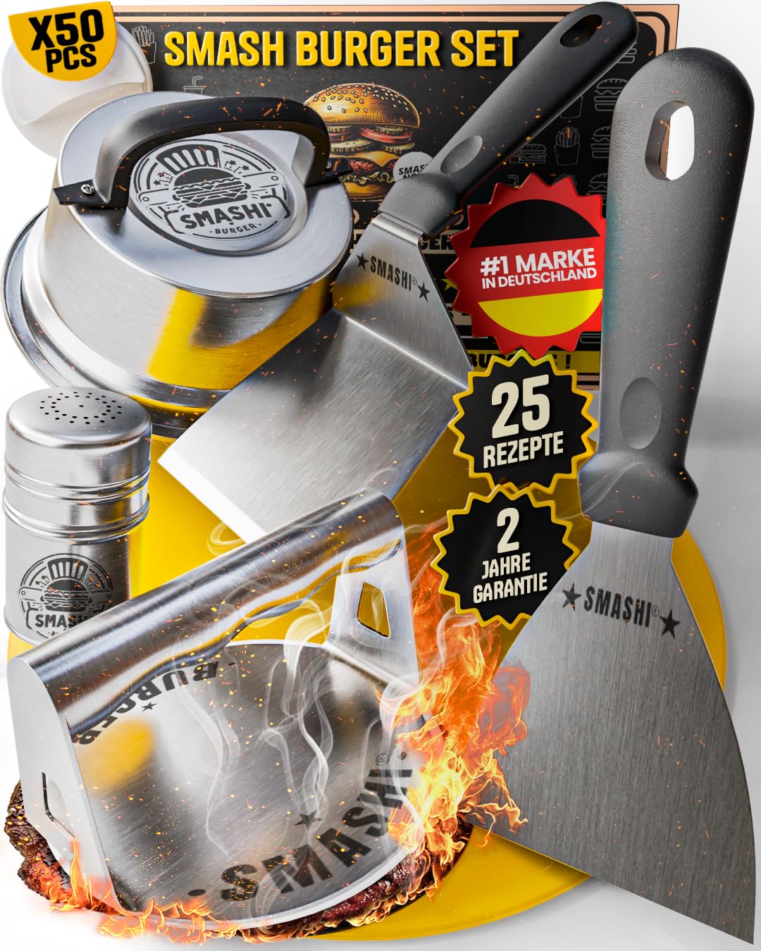 SMASHI® Smash Burger Set Professionell aus Edelstahl 304 – Burgerpresse, 2 Spachtel, Burgerglocke, G