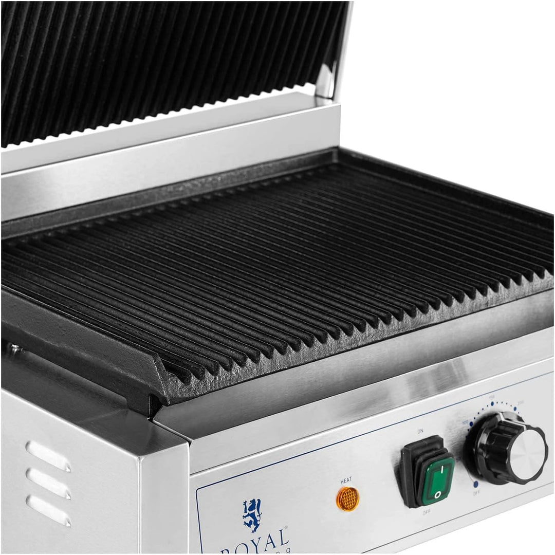 Royal Catering Kontaktgrill RCPKG-2200-R 2.200 W geriffelt 50-300 °C 33 x 22 cm Edelstahl