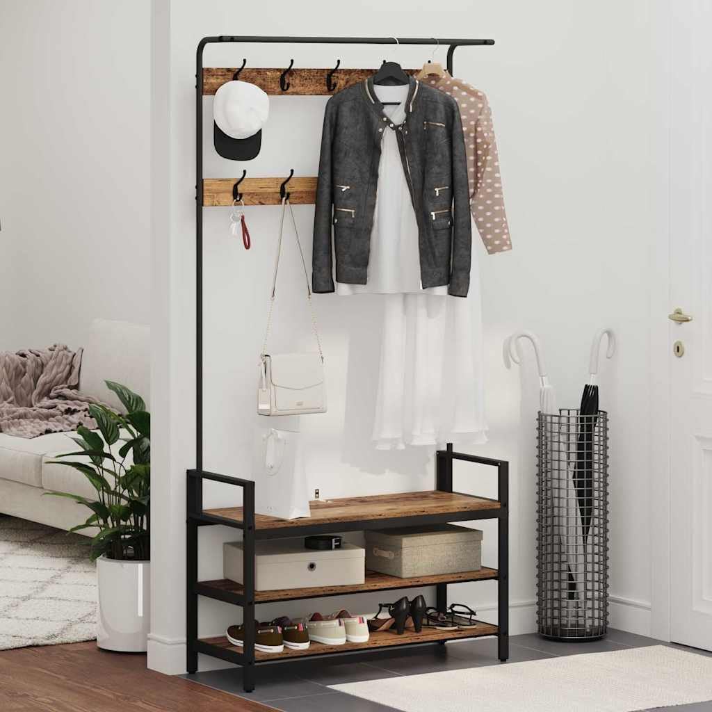 Hothingwell Garderobenständer aus Holz, antik, 95 x 34 x 184 cm, Ingenieurholz | Integrierte Aufbewa