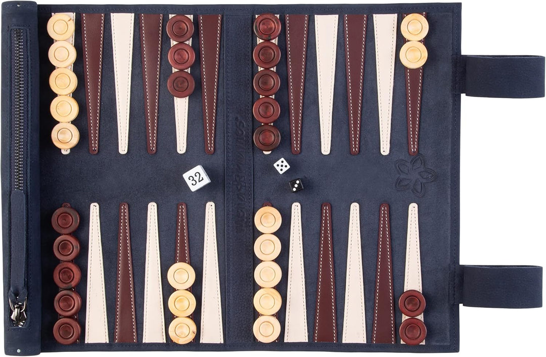 Melia Games Backgammon zum Rollen - Reise-Backgammon aus feinstem Nubuk Echt-Leder mit handgefertigt
