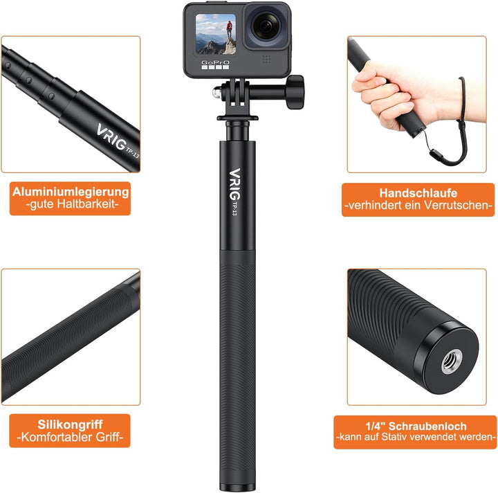 VRIG TP-13,131cm(51inch) Verlängerung Selfie Stick für INSTA360 für GoPro 11 10 9 8 7, Insta Insta36